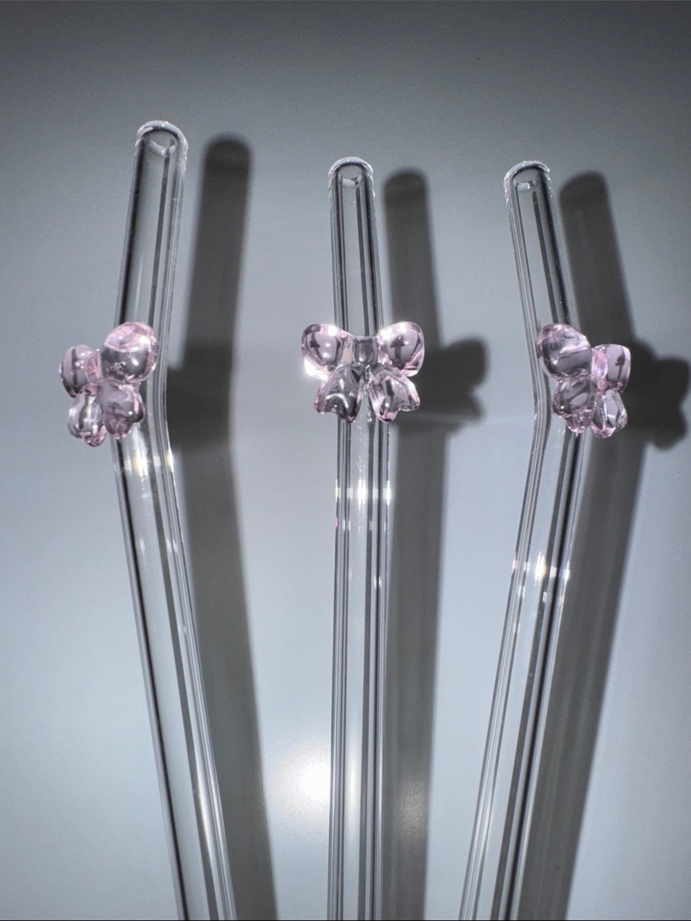 Clear Glass Straws with Pink Bow Accents - Set of 3